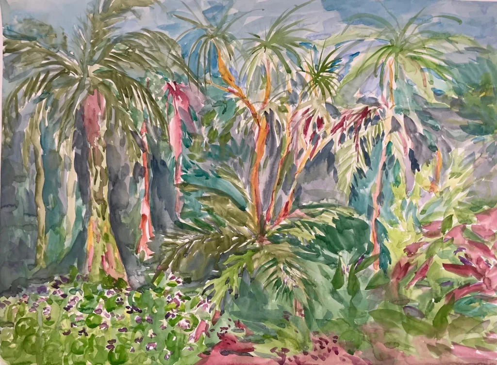 painting of a garden with palm trees