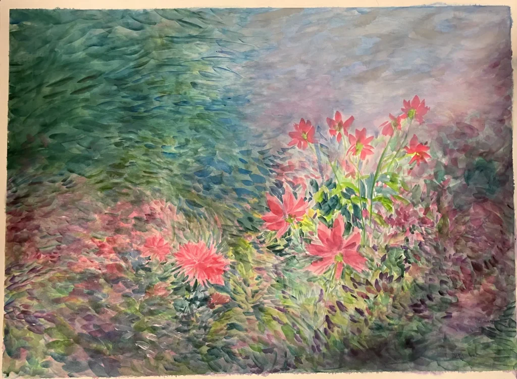 a painting of a garden with pink flowers and a backdrop of green plants