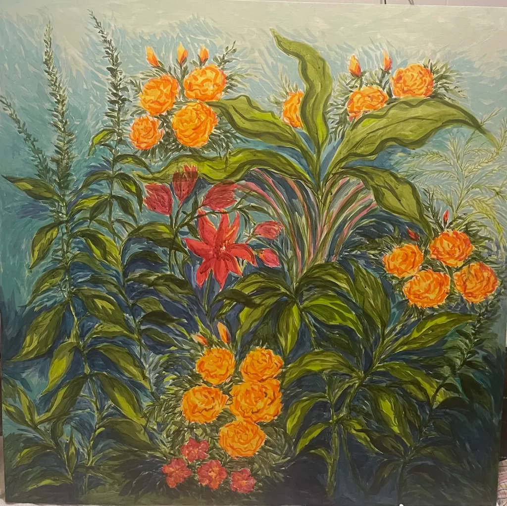 a painting of a cluster of flowers set against a blue backdrop