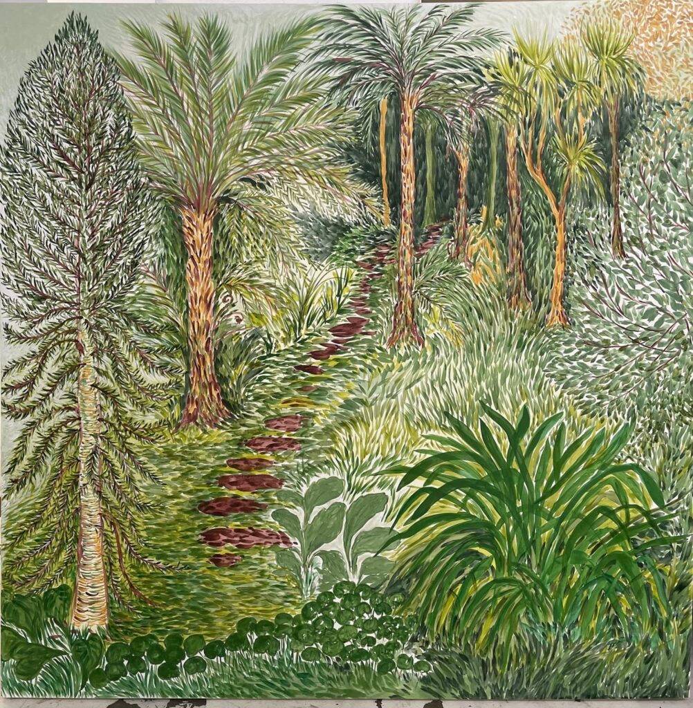 a painting of a garden with palm trees and a path leading through the middle and shrubbery either side