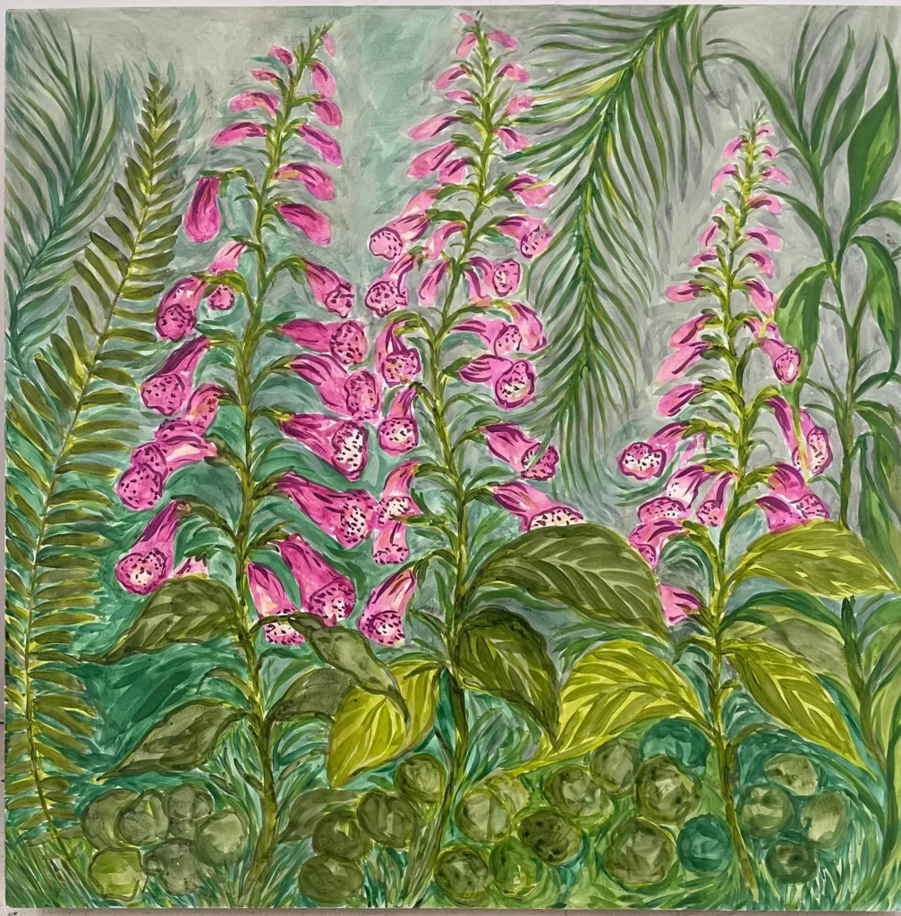 a painting of pink foxgloves set against ferns