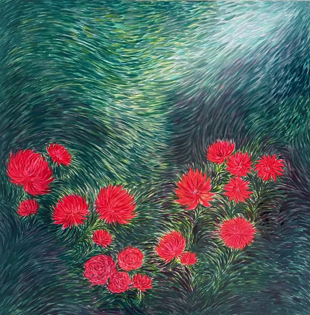 a painting of red marigolds