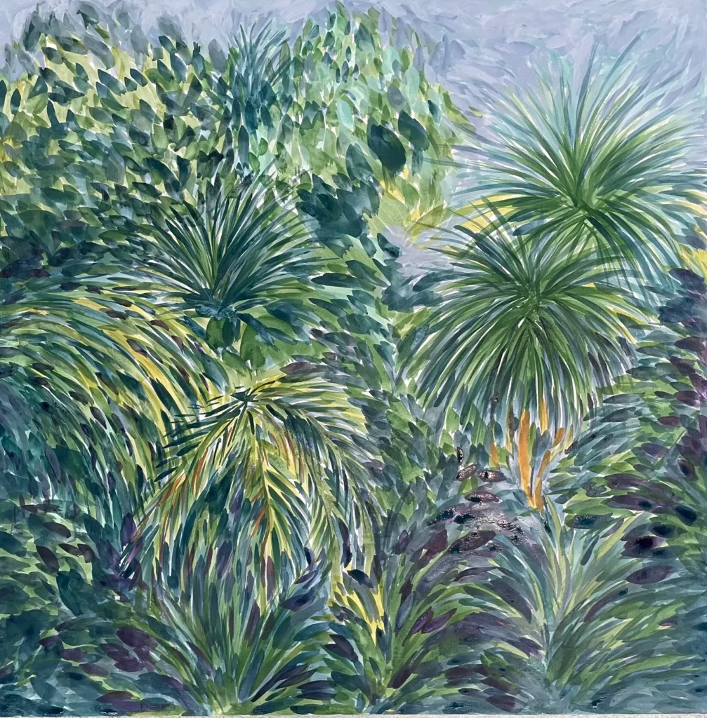 a painting of greenery set against a blue sky