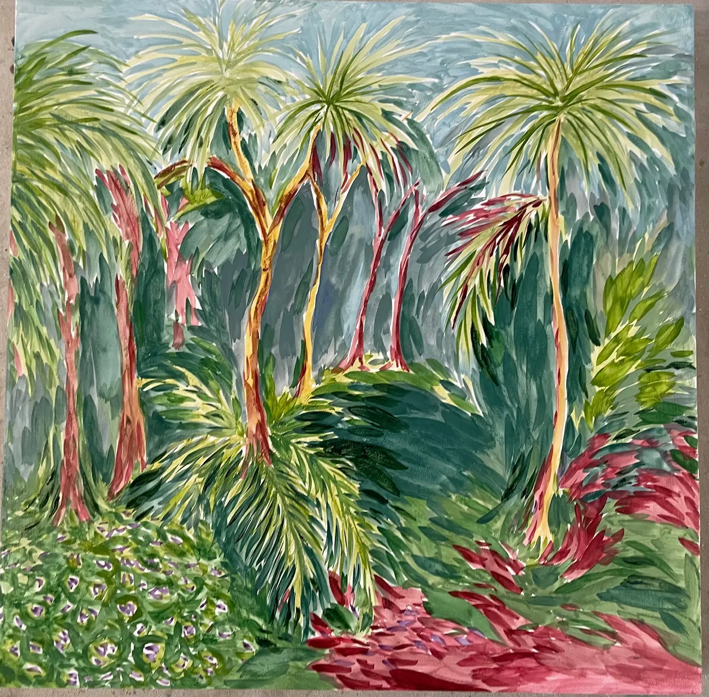 a painting of palm trees within a garden setting