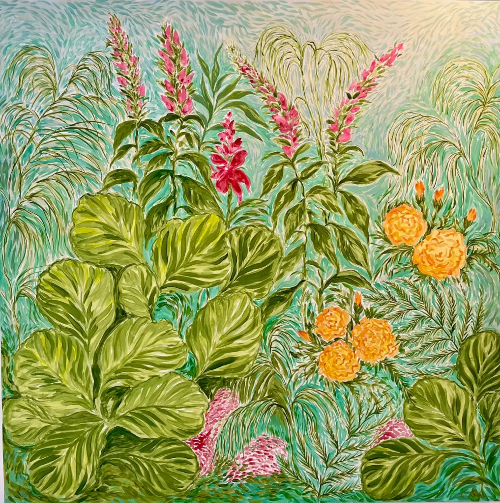 a painting of flowers and greenery